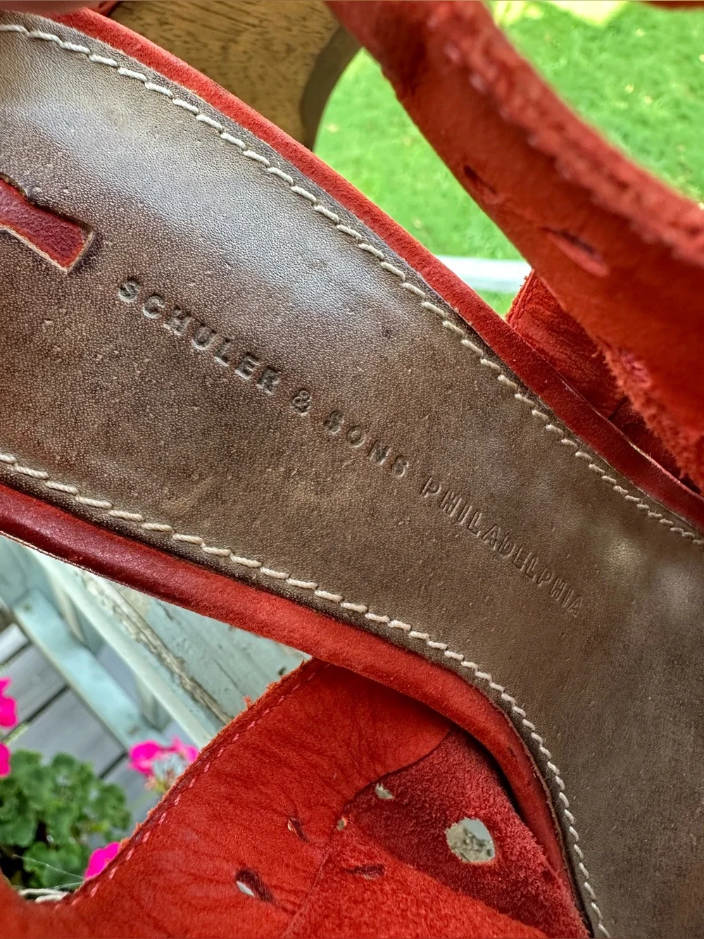 SCHULER & SONS PHILA 7.5 Orange Suede Laser-Cut Wedge Sling Back Sandals Wood